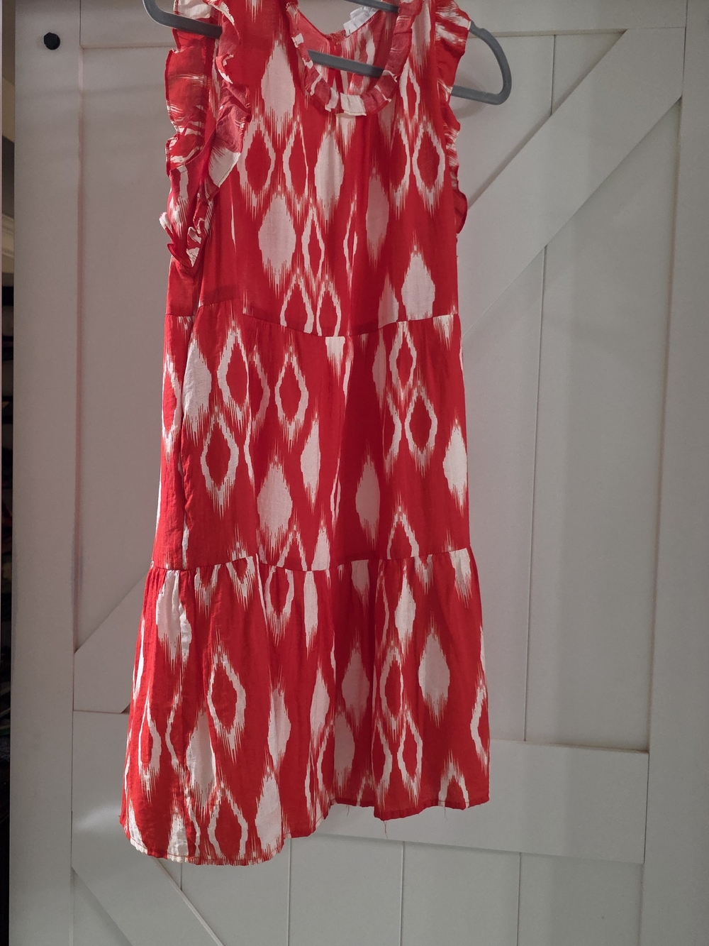 THML Red and White Ikat Ruffle Sleeve Tiered Dress